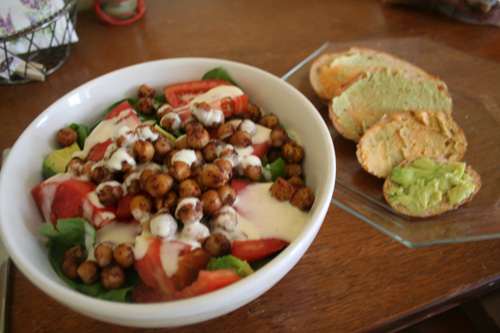 A big salad with baby spinach, Hanover tomatoes (THE BEST), avocado, roasted chickpeas, and a sweet honey dijon dressing.