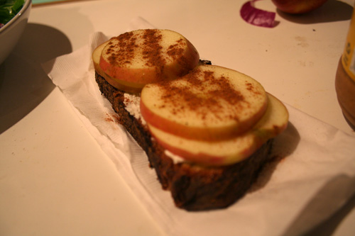 Cream cheese with apple slices and cinnamon.