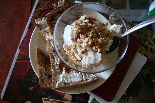 Ricotta, warmed up apple chunks, topped with Zoe's granola.