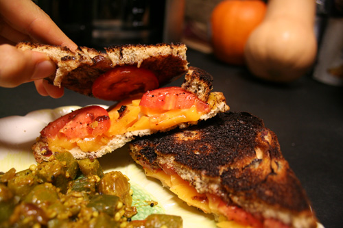Cheddar cheese, tomato slices, tamarind-date chutney on Cranberry Cinnamon Swirl bread.