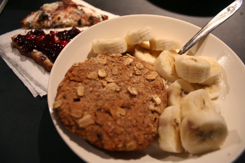 MultiBran VitaTop + banana, and cranberry raisin swirl toast with cream cheese and one half with Crofter's fruit spread and the other half with Creme of Date and Almond spread.