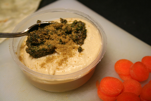 For my to-go dinner I used a Sabra to-go cup and mixed in some pesto and cumin.